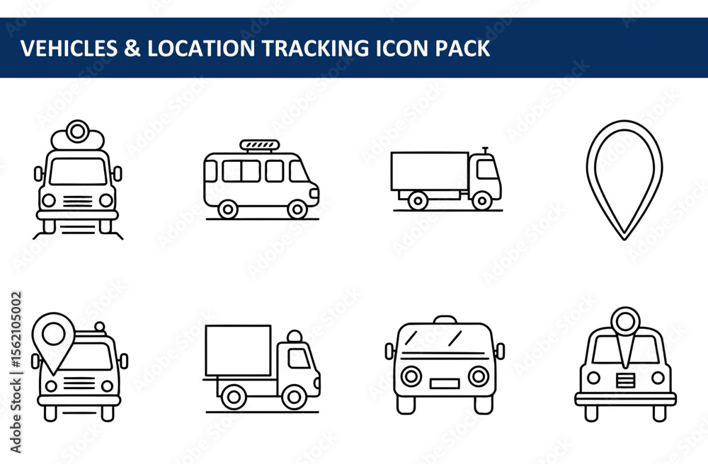 Poster line art illustrations of various vehicles with location markers. collection of transportation icons