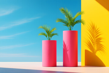 Pink planters with green plants against blue sky and yellow wall