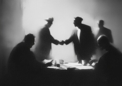 Shadowy figures in suits shake hands across a table covered in papers, silhouetted by dim light, suggesting secrecy, covert agreements and the tension of hidden negotiations.

