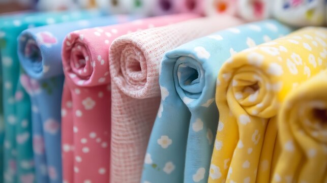 Rolled colorful fabric rolls with closeup.