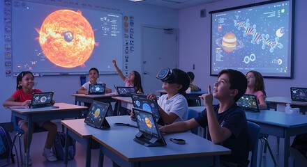 Futuristic Classroom with Students Using Holographic Tablets – Augmented Reality and STEM Education Concept