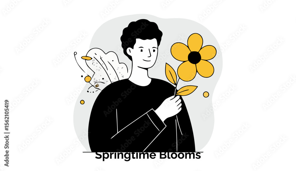 Aufkleber young man holding a yellow flower in a casual setting. smiling expression and joyful pose with abstr