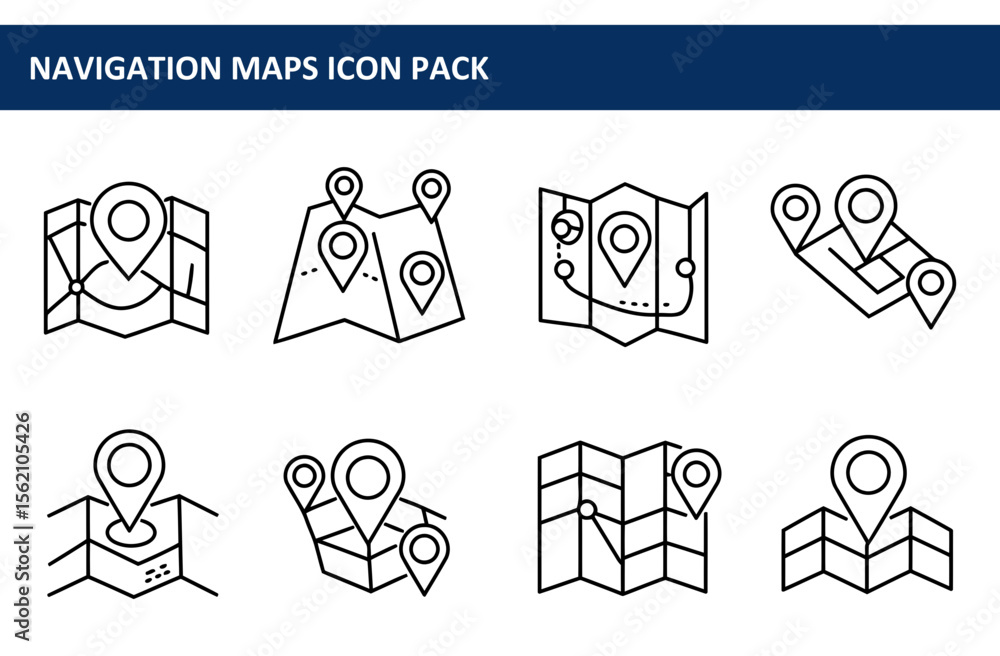 Fototapete navigation maps icon pack showcasing various map layouts with location pins. simple line drawings of
