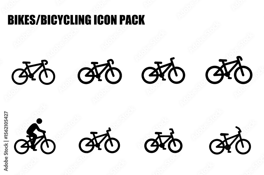 Poster Bicycle icon set with various styles in a graphic design format. Collection of simple black and white bicycle icons on a white background.