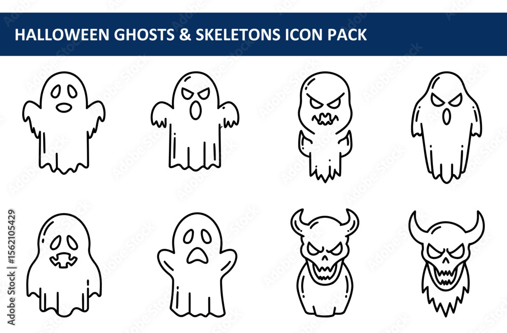 Poster halloween ghost and skeleton icons in a digital graphic design. various ghost poses with different e