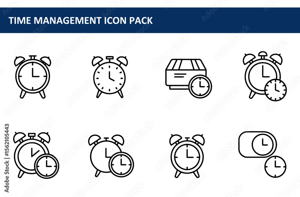 Poster line art icons depicting various time management concepts in a simple, modern style. time management