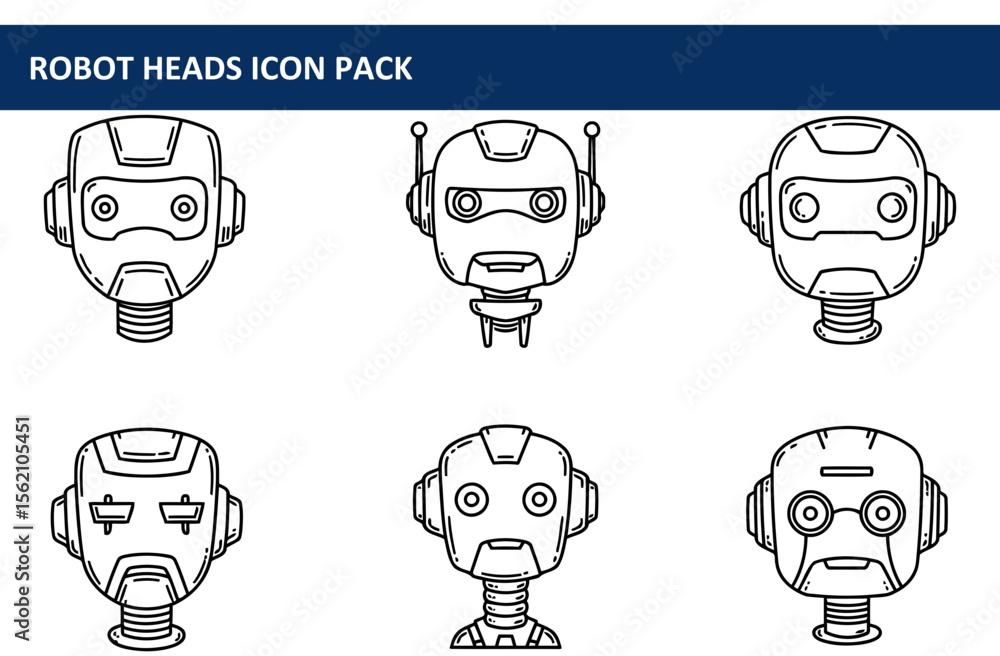 Poster robot head icons in various expressions in a simple line art style. four robot head illustrations ar