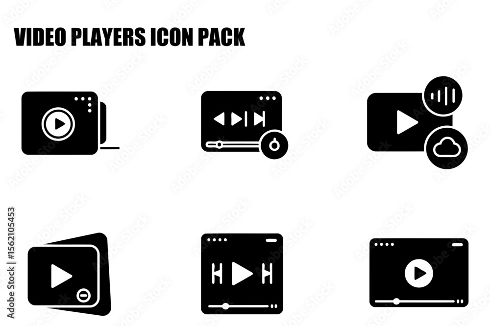 Poster video players icon pack showcasing various media player interface elements in a simple, clean design