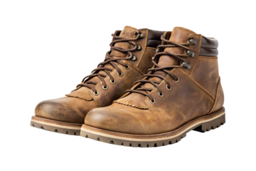 Old brown leather boots with laces, isolated on white