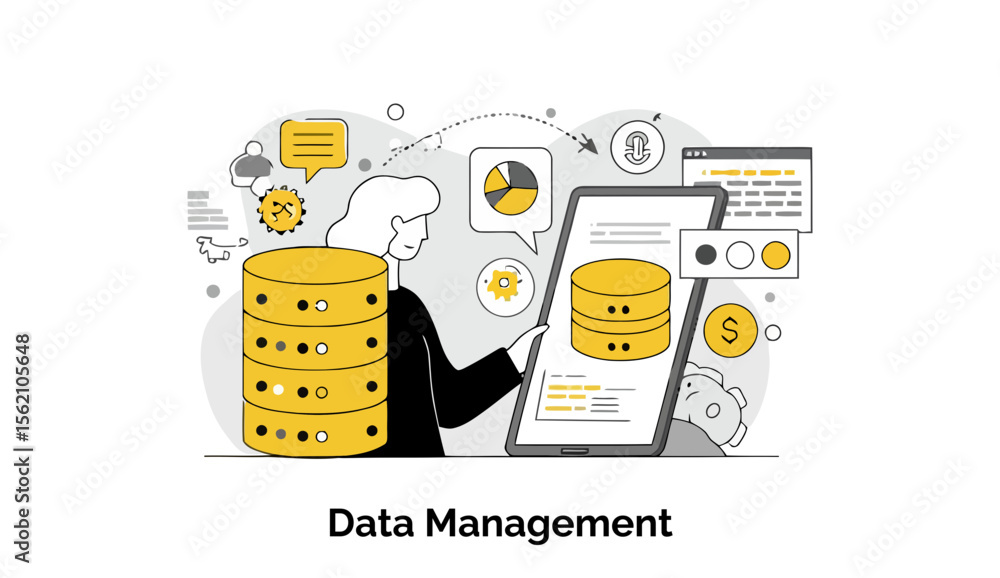 Poster female data analyst examining database management systems on a tablet in a modern office setting. wo