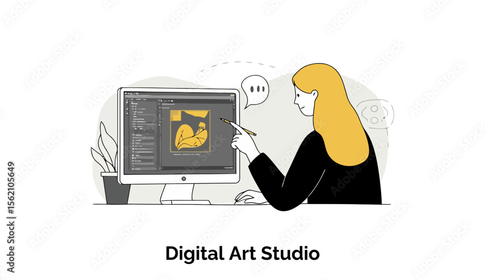 Poster female graphic designer working on digital art project at a home office. focused on design work, poi