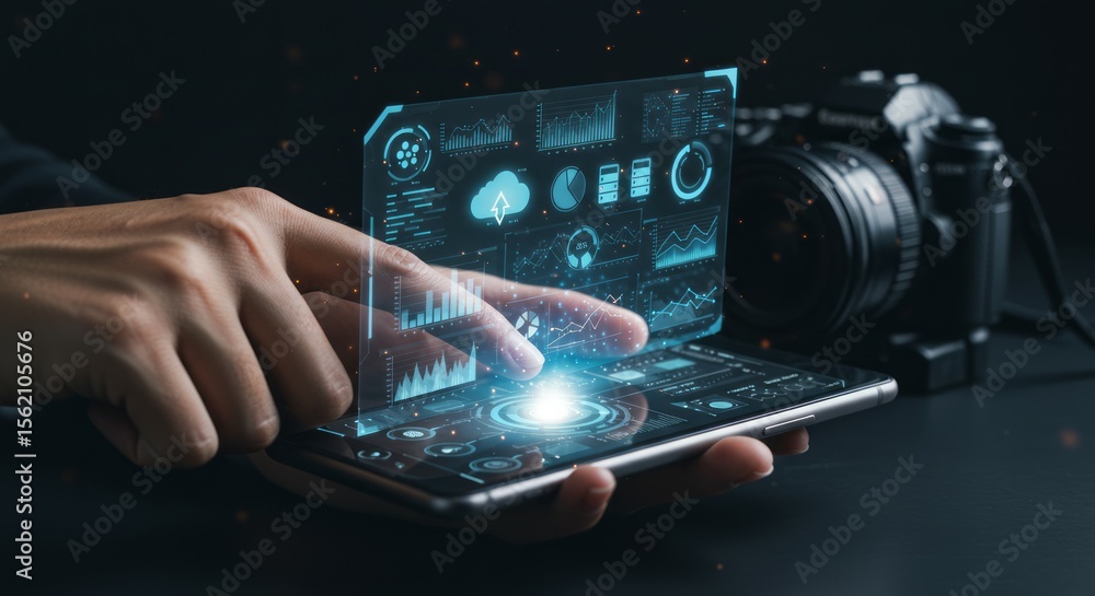 Poster hand interacting with a holographic display on a smartphone, overlaid with data visualizations next 