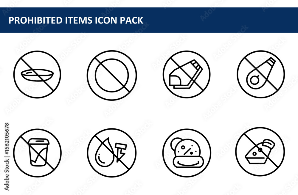 Poster prohibited items icon pack with various prohibited objects in a white background. collection of comm