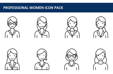 Professional women icons in business attire, various poses and expressions. Collection of female avatars in a business setting.