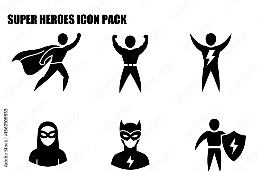 Poster super hero icons in various poses and outfits. diverse group of characters in action, highlighting d