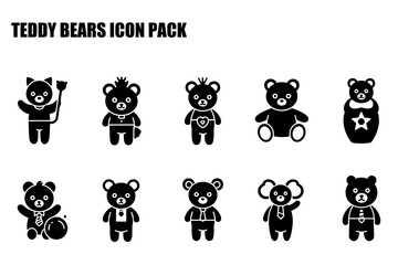 Teddy bears in various costumes and poses in a flat design. Cute cartoon teddy bears in different clothing and expressions for use as icons or illustrations.