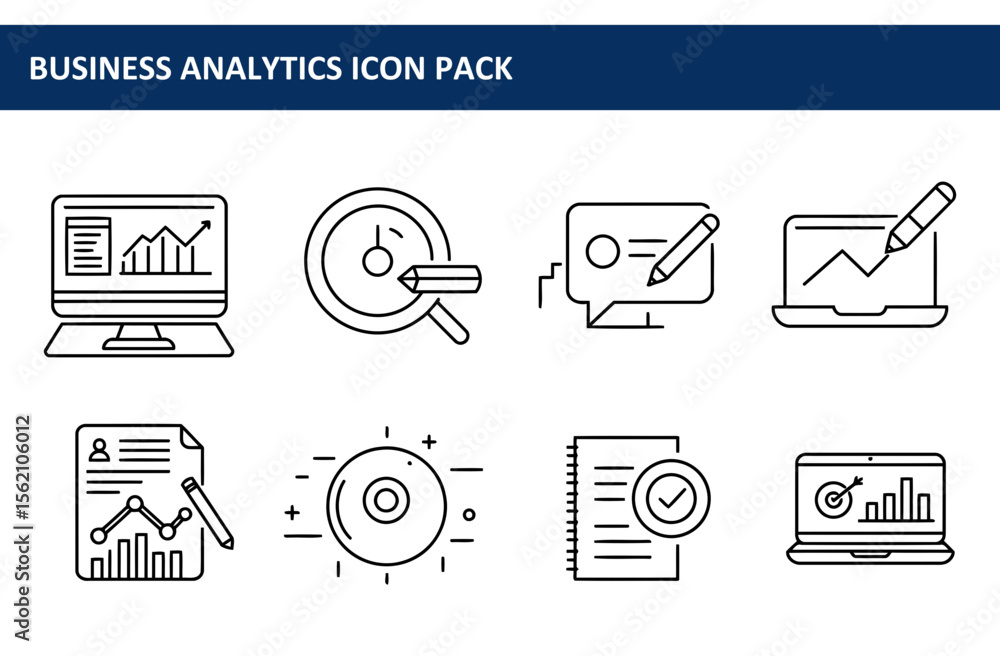 Poster business analytics icons, showing various tools and actions, for use in a presentation or digital pu