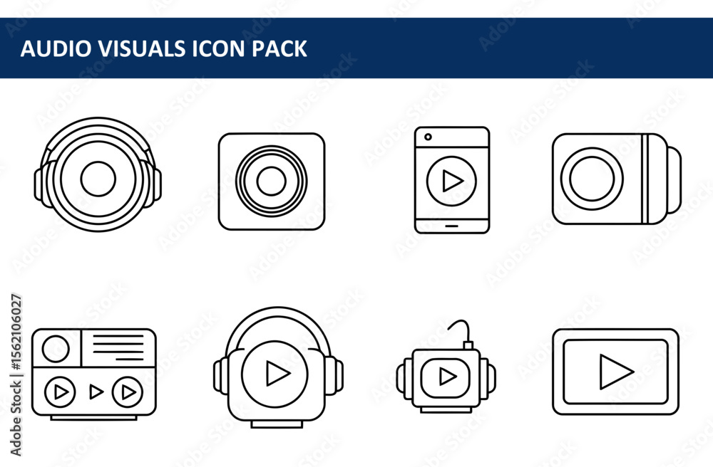 Poster audio visuals icon pack displaying various devices for playing audio and video content.