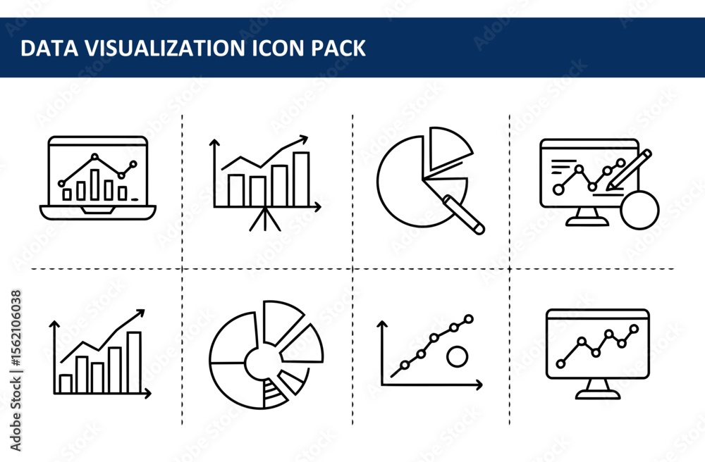 Poster data visualization icons in a simple, line art style. various data charts and graphs displayed on di