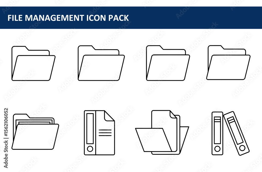 Poster file management icon pack showing various file folders and organizers in a simple, clean line art st