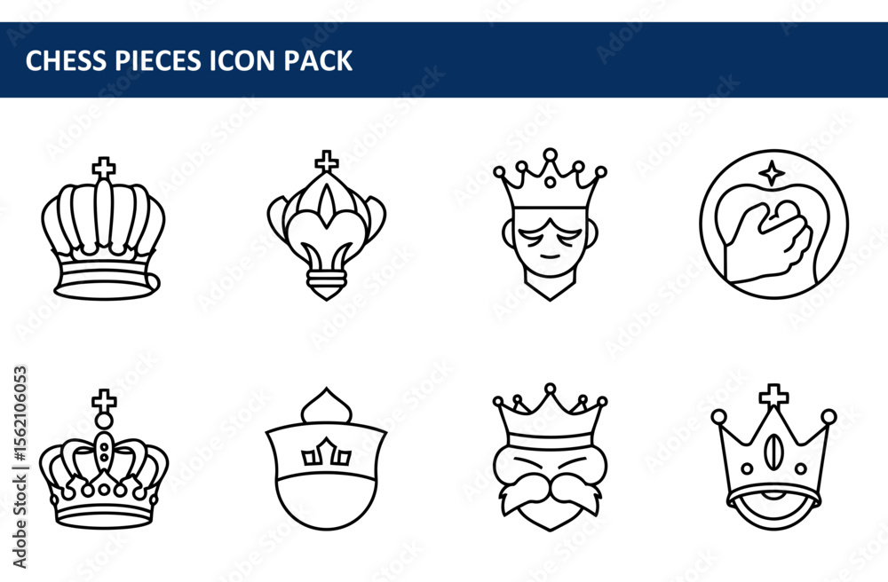 Poster chess pieces icon pack showing various kings and queens. simple line art of chess pieces in differen