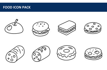 Food icon pack with various food items in outline style. Simple line art food illustrations for use in advertising, editorial, and general purpose use.