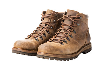 Old brown leather boots with laces, isolated on a white background
