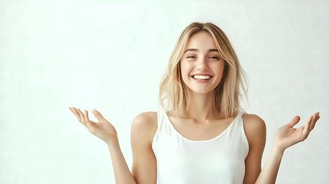 Happy woman in a minimalist white outfit gesturing upward as if presenting an idea or solution solution concept, innovative thinking, customer support, cheerful expression, approac,Happy woman, minim