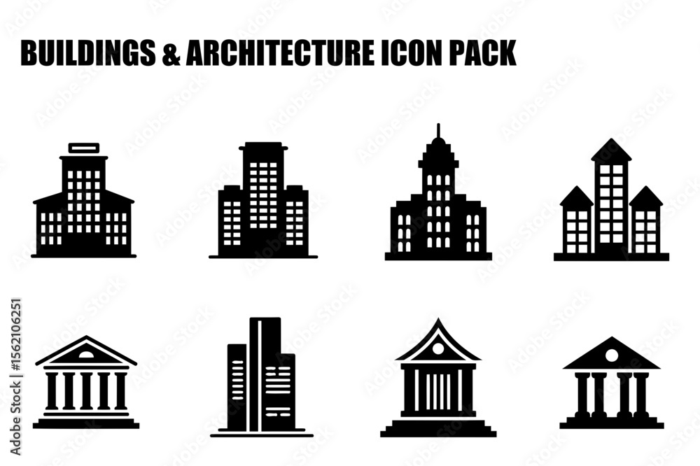 Poster black and white building silhouettes with various architectural styles. collection of simplified bui