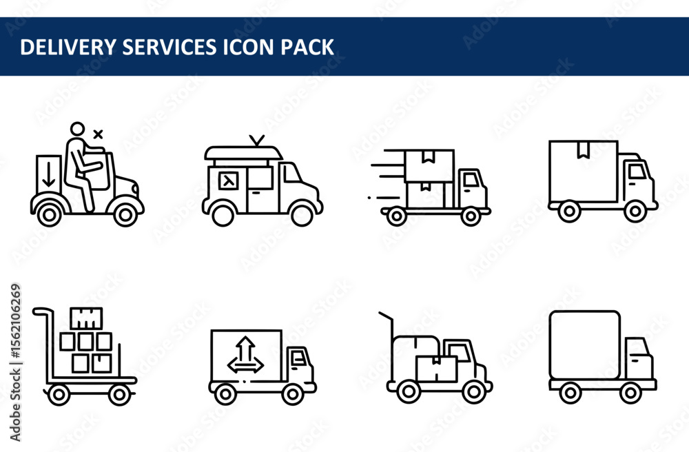 Poster delivery services icon pack showing various vehicles and a person in a delivery setting. line art ic