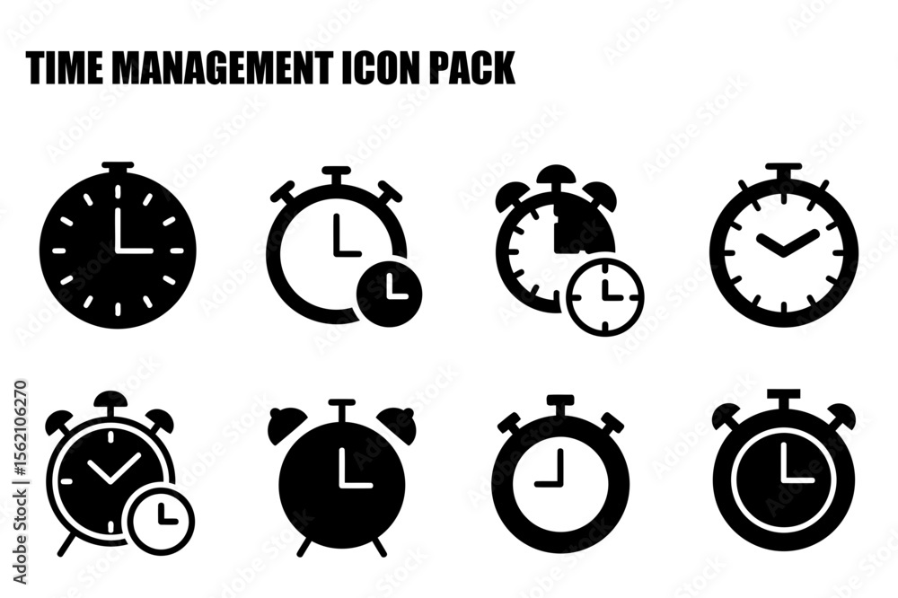 Poster time management icons with various clock styles displayed in a collection. simple, black and white t