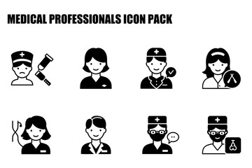 Medical professionals icons set with diverse demographics in various medical settings. Friendly and approachable expressions with uniform attire.