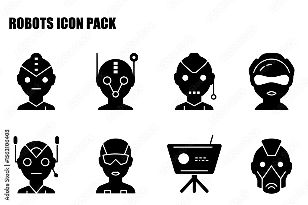 Poster robots icon pack showing various robot head designs. collection of robot head silhouettes in a flat 