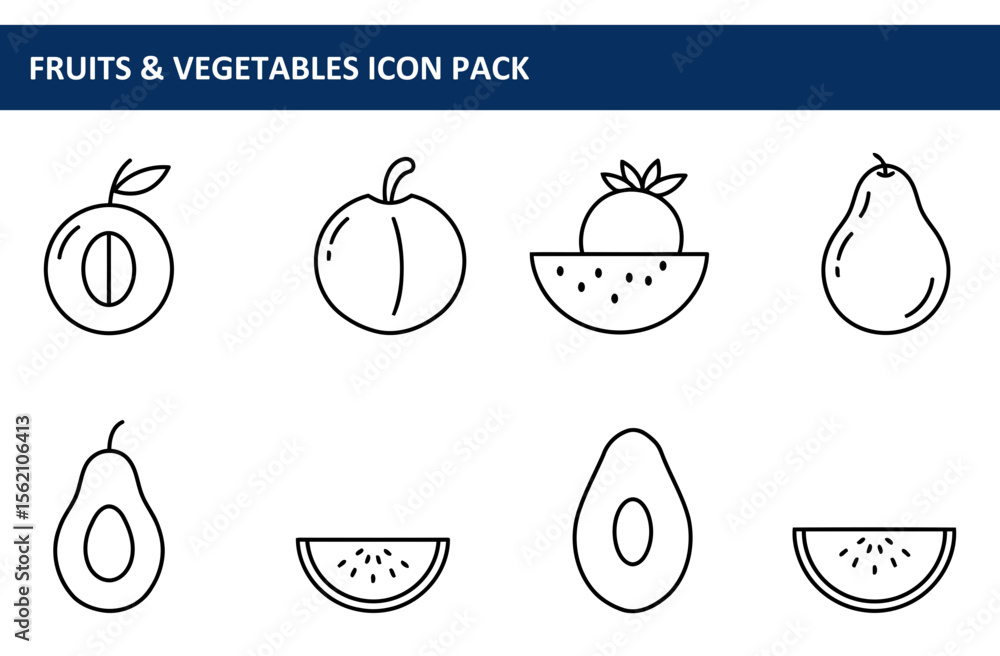 Poster line art icons of various fruits and vegetables in different slices and whole forms. collection of s
