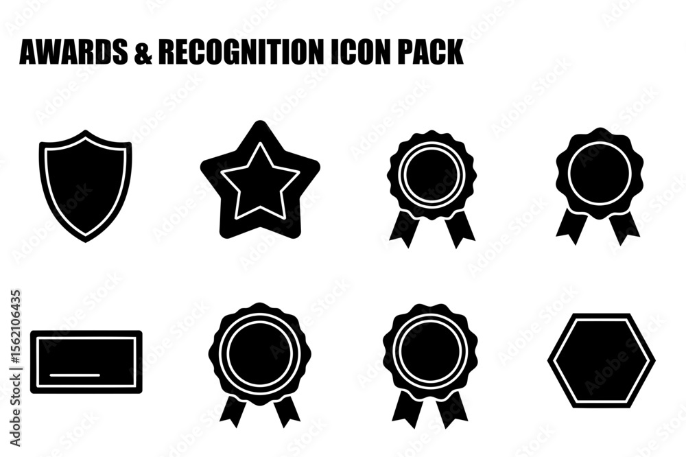Poster award and recognition icons in a flat style. simple shapes of shields, stars, and ribbons with vario