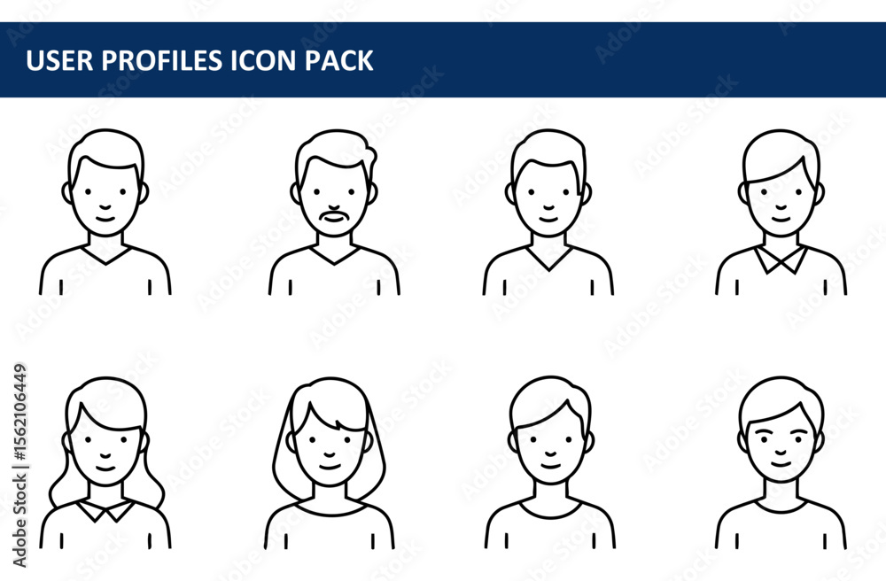 Poster simple user profile icons for diverse demographics in casual wear. neutral expressions with front-fa