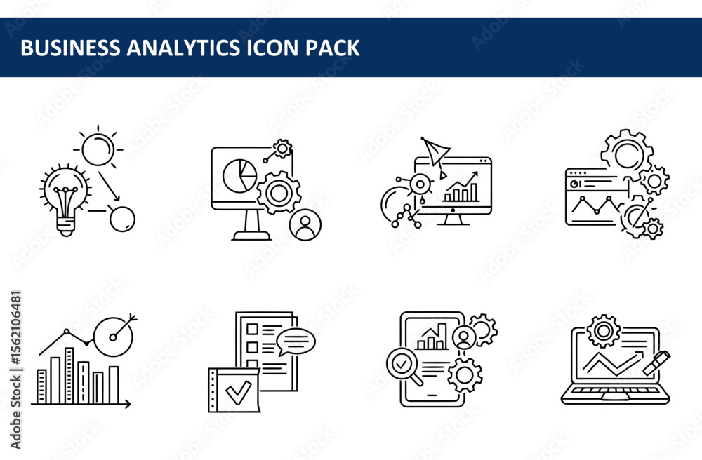 Poster business analytics icons depicting various processes and tools for data analysis. abstract illustrat