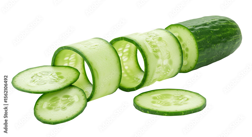Poster Fresh cucumber with cut slices arranged spirally on a black background
