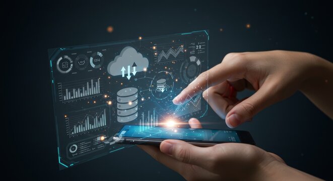 Hands interact with a holographic smartphone displaying data visualizations, including charts, graphs, and cloud computing icons