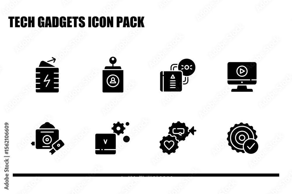 Poster tech gadgets icon pack showing various electronic devices and features. simple, illustrative icons f