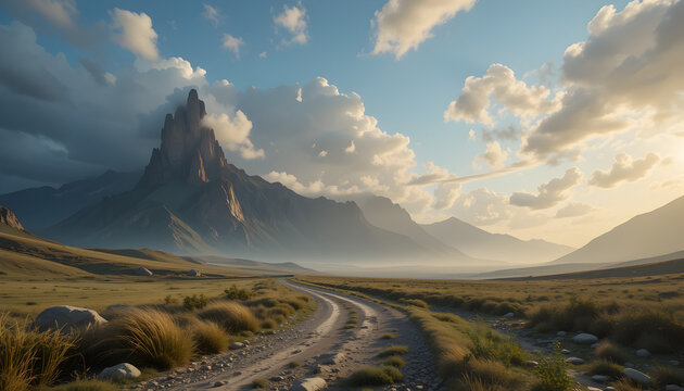 Majestic mountain scenery unfolds with a winding dirt road, expansive plains, and a sky filled with billowy clouds in a tranquil vista.