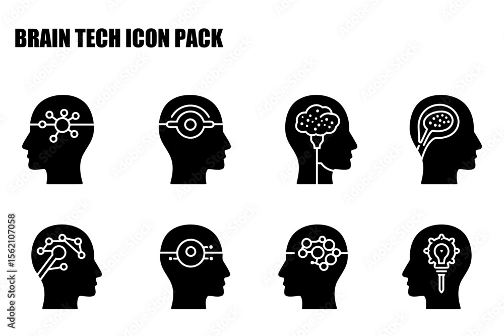 Poster brain tech icon pack showing various concepts of brain-computer interfaces in profile view. illustra