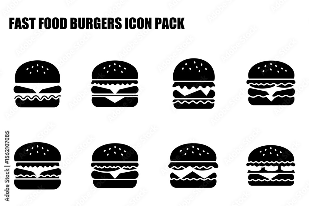 Poster fast food burger icons with multiple variations in a simple, flat style. set of burger icons in vari