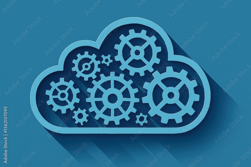 Poster cloud integration: a graphic rendering of a cloud composed of gears and cogs, symbolizing the seamle