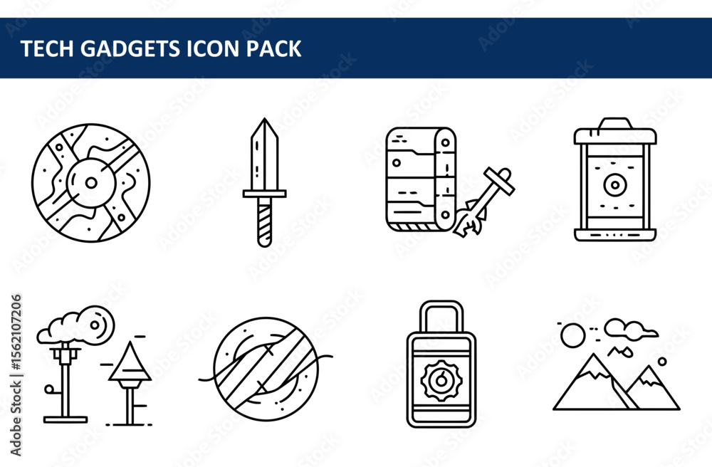 Poster tech gadgets icon pack with various devices in a simple, linear style. collection of diverse technol