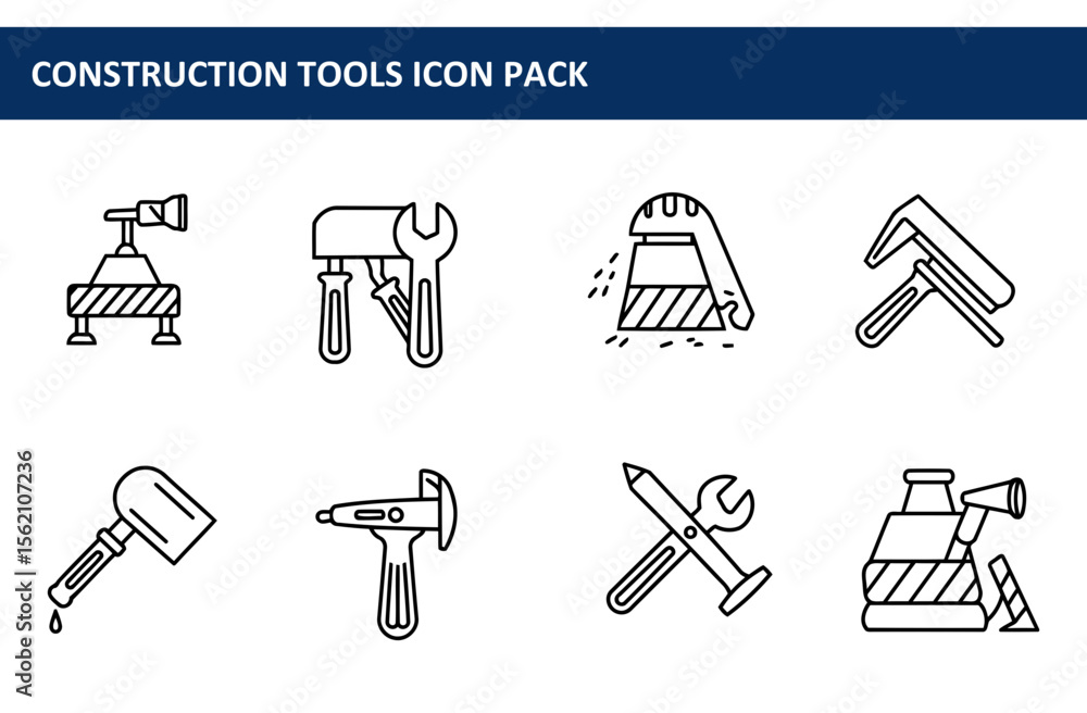 Poster construction tools icon set showcasing various equipment in a simple, outlined style. collection of 