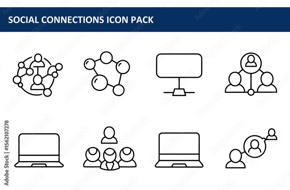 Poster social connections icon pack depicting various networking, group collaboration and communication con
