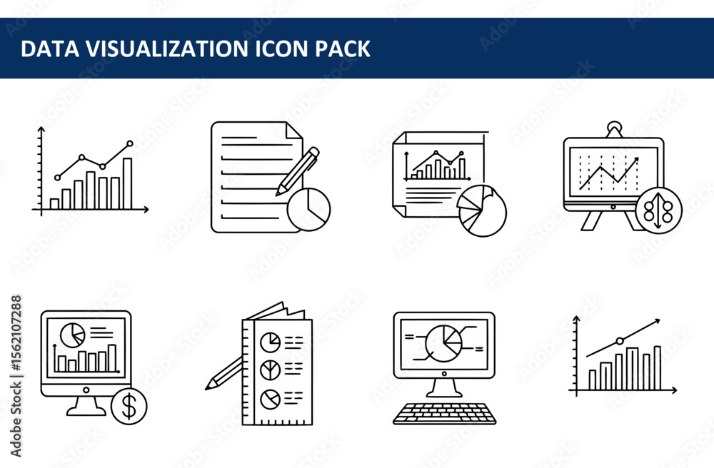 Poster data visualization icons depicting various business tools and analytics in a simple, clean style.