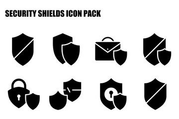 Security shield icons for various applications. Simple, black and white silhouette images of security shields depicting different security aspects and use cases.