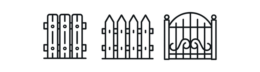 Minimalist black fence icons set: wooden, picket, and iron gates vector icon isolated illustration